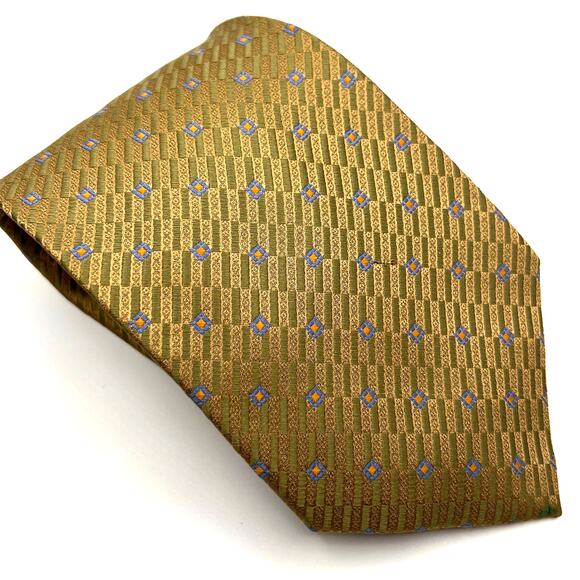 Daniel De Fasson- Men's Tie - Green Gold& Blue Foulard Geometric Design 58" Long - Picture 1 of 5